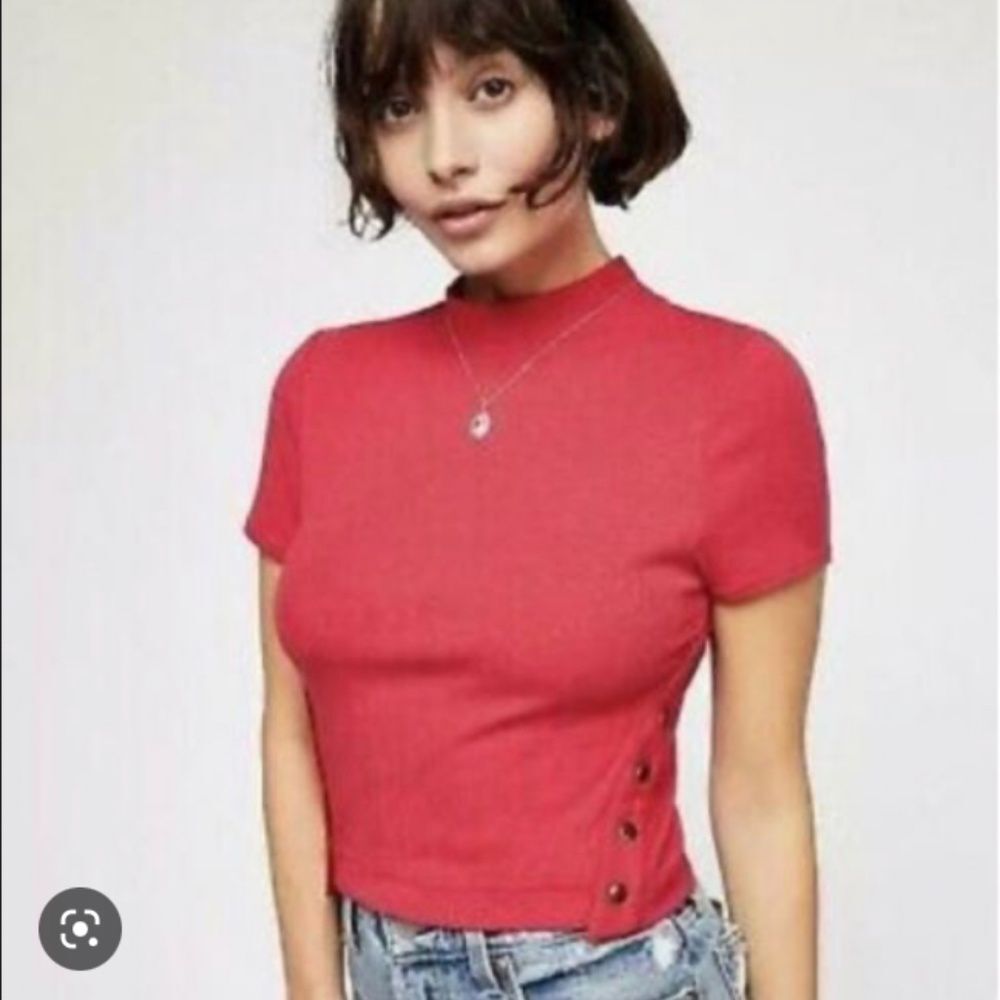 Free People We The Free Red Mock Neck Short Sleeve Snap Slit Ribbed Crop Sweater